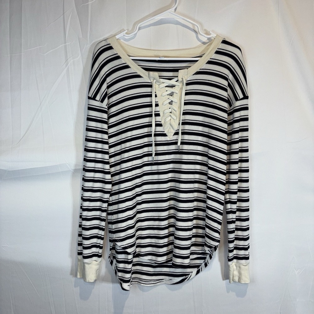 Womens Splendid Stripe Lace-up Tee Waffle Knit White/Black Size‎ Small $120